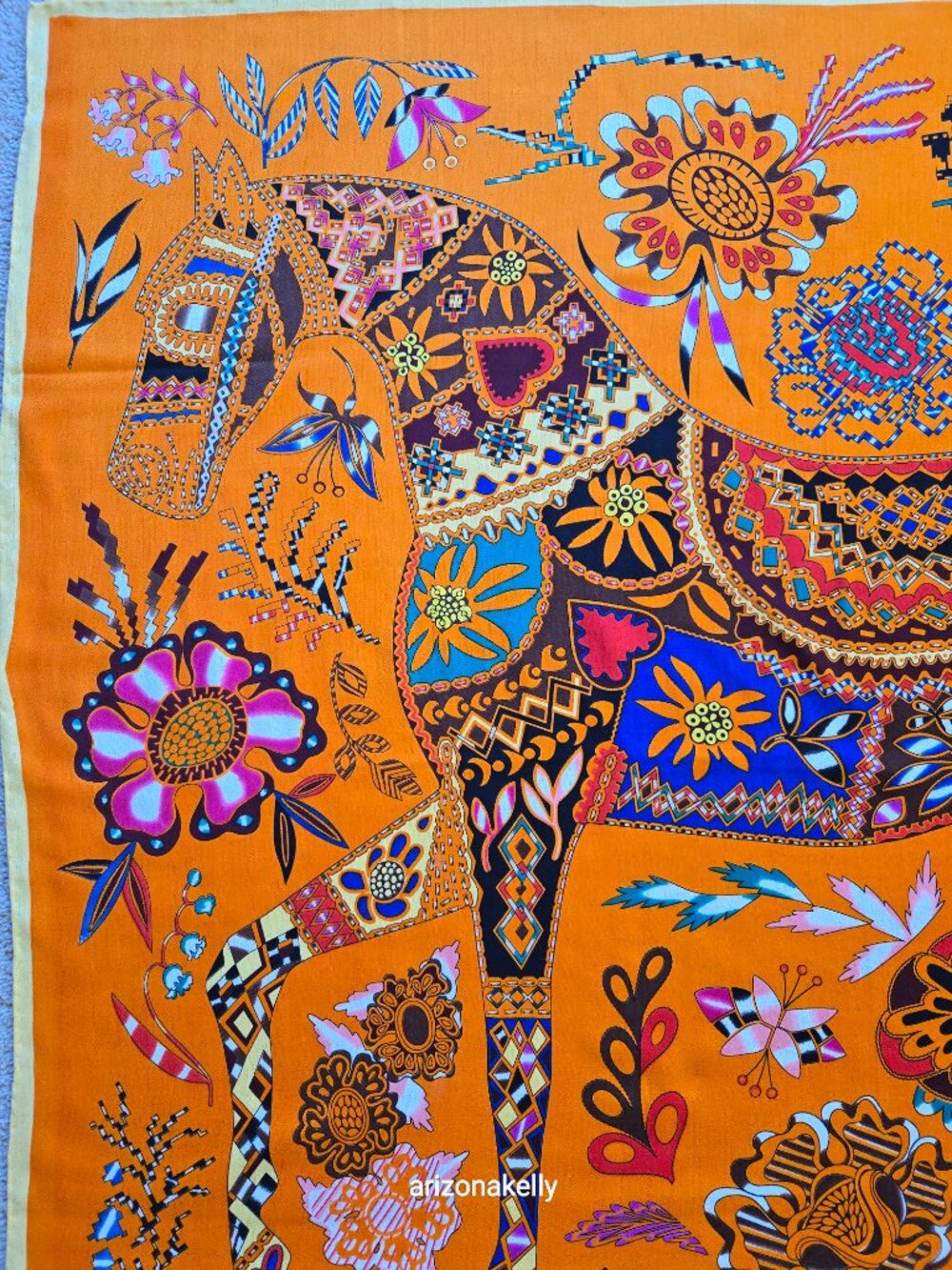 HUGE Cashmere & Silk Scarf Stole Hand-Rolled Hem Vibrant Colors Horse Equestrian - Picture 5 of 12